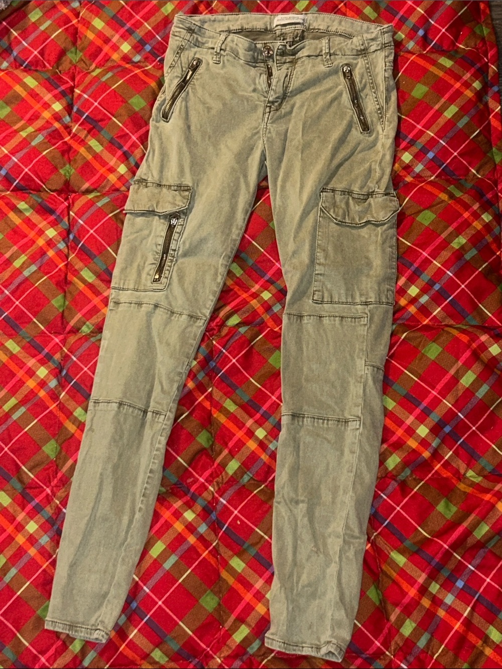 Zara Women Slim Cargo Skinny Jeans in Olive Green